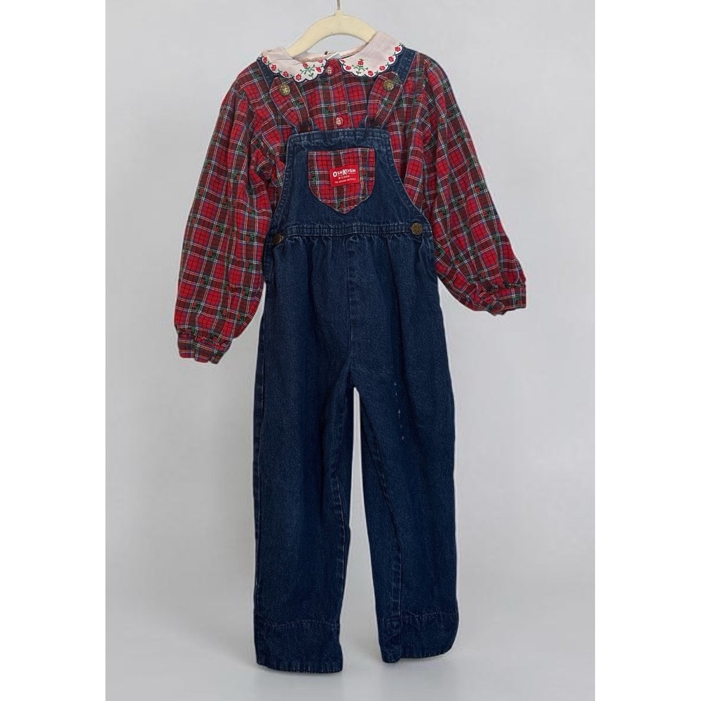 OshKosh B'Gosh Overalls Size 5 Denim Red Plaid Gingham Top 2pc Set USA Vtg
